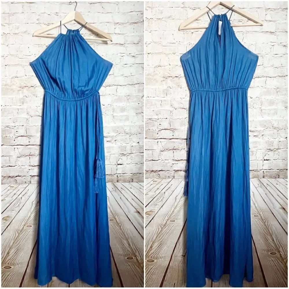 Loft satin halter maxi dress tassel tie drawstring